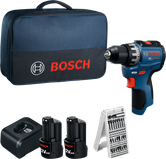 Bosch GSR12V-31 boremaskinesæt med oplader, batterier og bor.